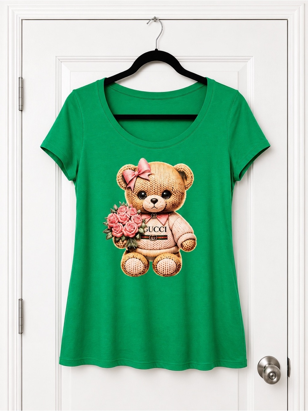 Gucci Green Fitted Tee with Teddy Bear and Pink Roses